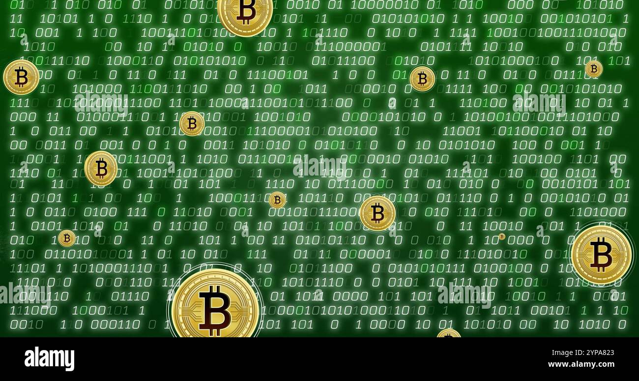 Image of bitcoin currency icons financial data processing over binary coding Stock Photo