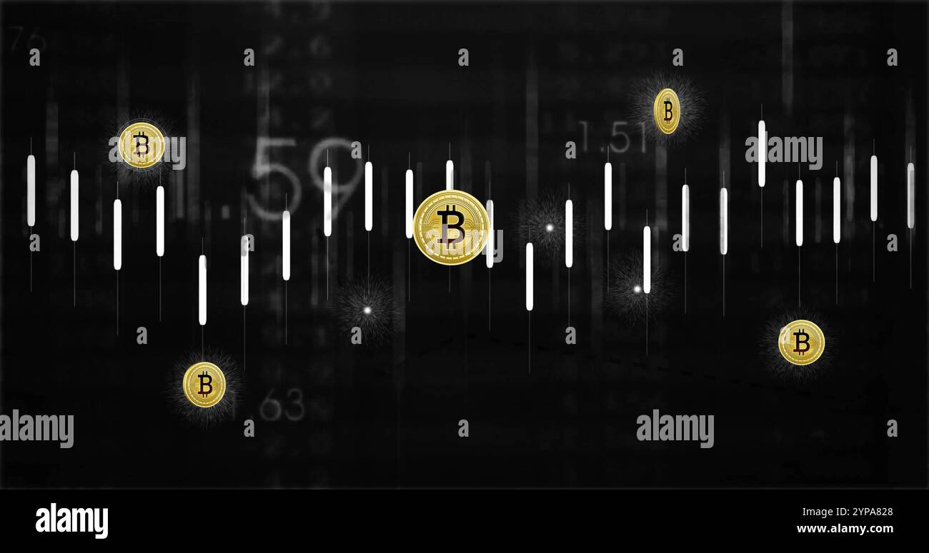 Image of bitcoin currency icons financial data processing over binary coding Stock Photo
