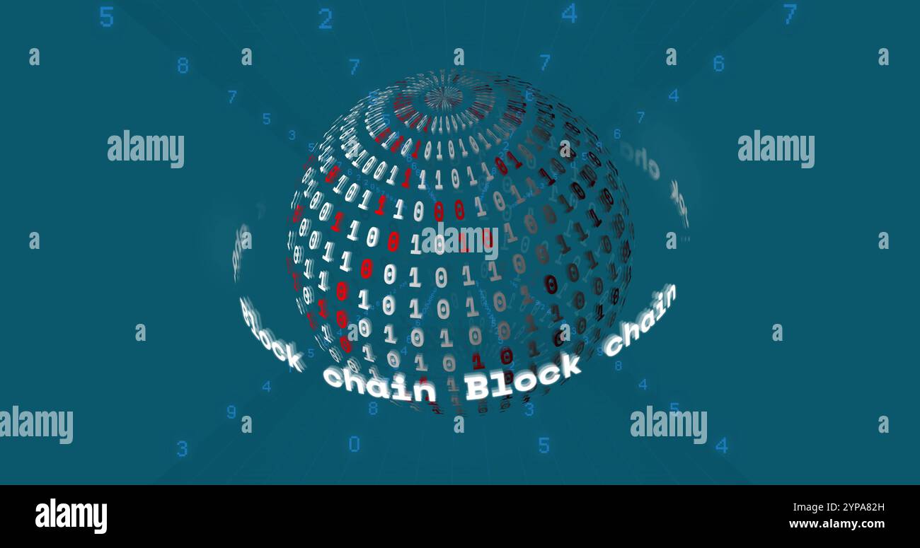 Image of binary coding over globe with block chain texts Stock Photo