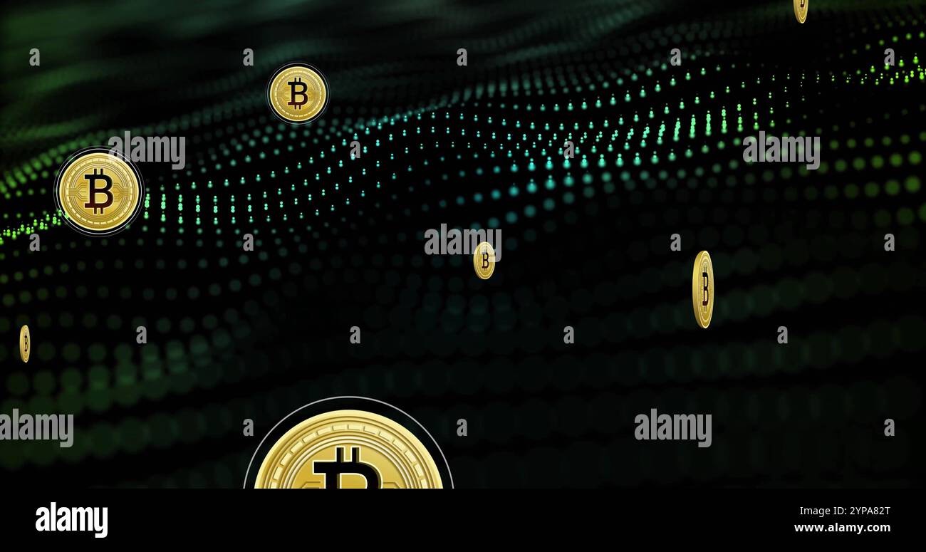 Image of bitcoin currency icons financial data processing over binary coding Stock Photo
