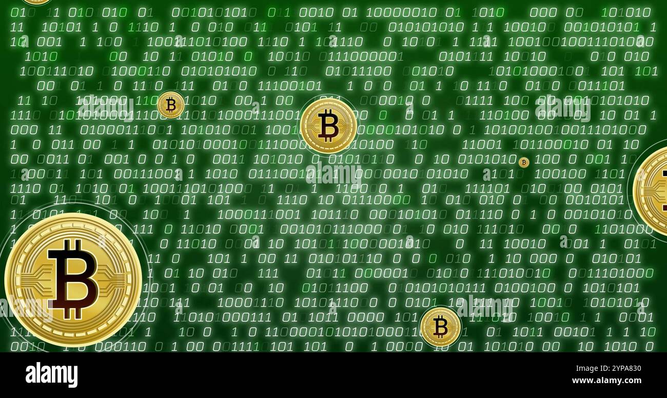Image of bitcoin currency icons financial data processing over binary coding Stock Photo
