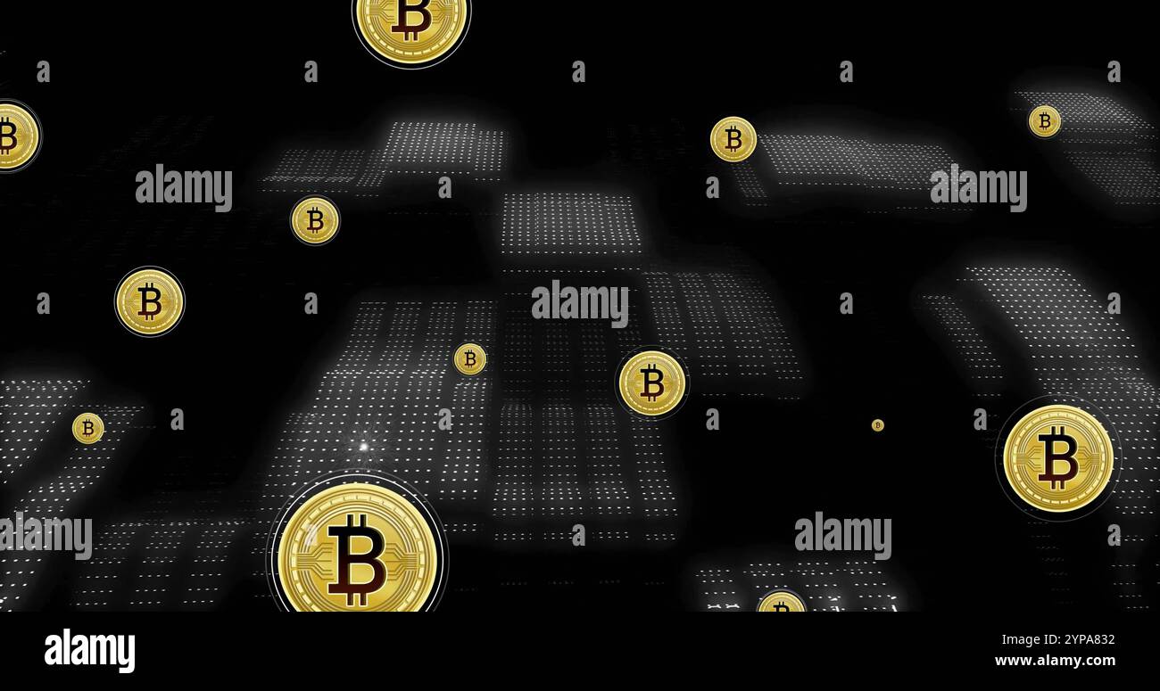 Image of bitcoin currency icons financial data processing over binary coding Stock Photo