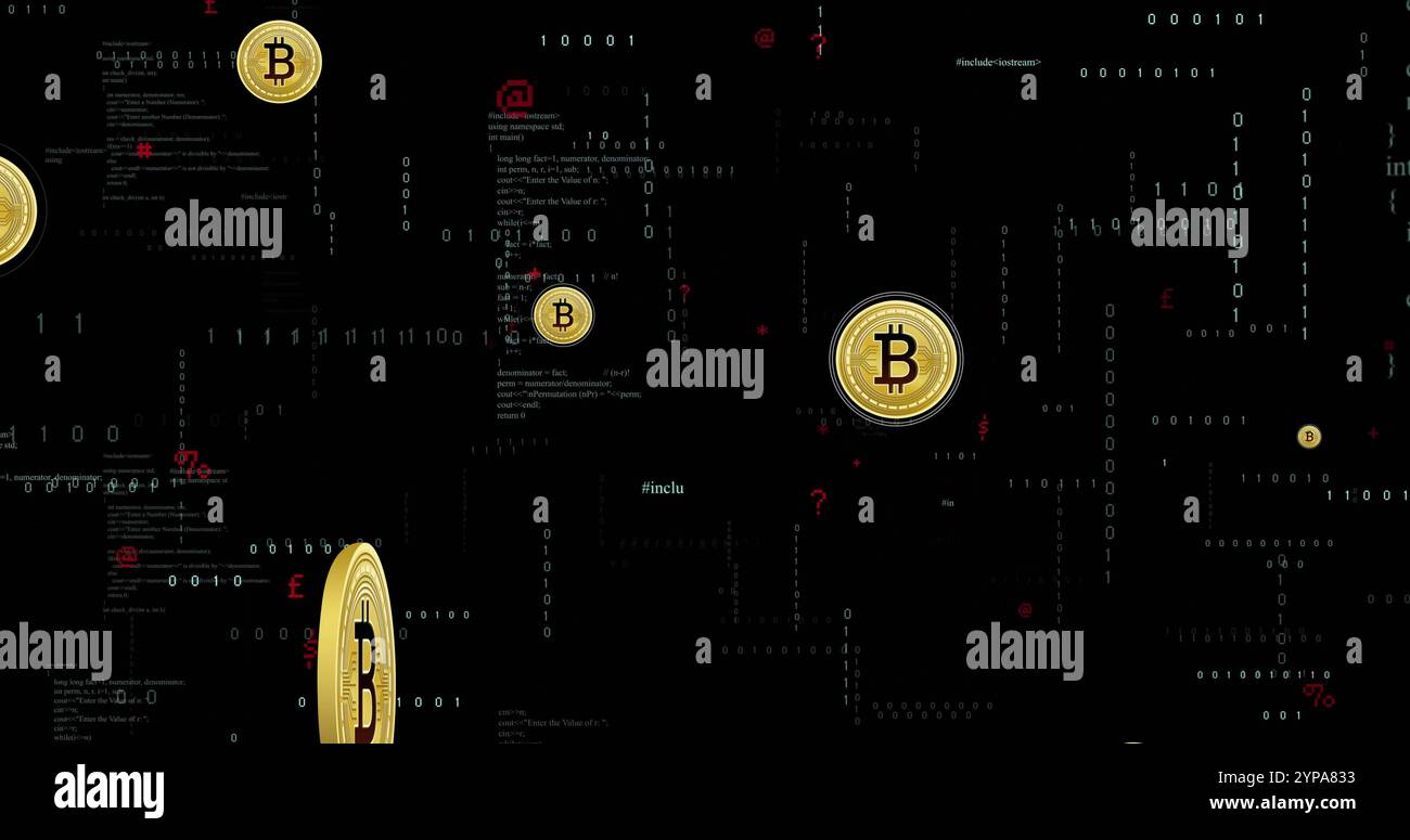Image of bitcoin currency icons financial data processing over binary coding Stock Photo