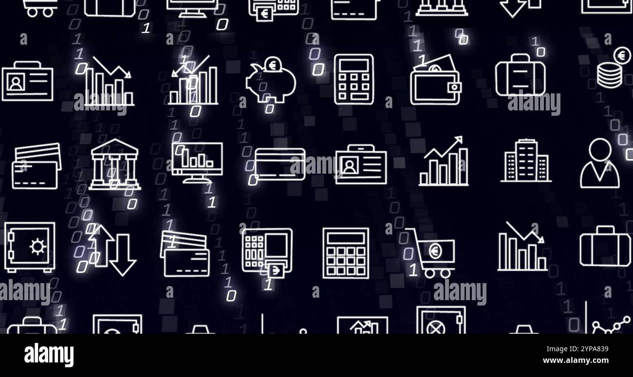 Image of business icons financial data processing over binary coding Stock Photo