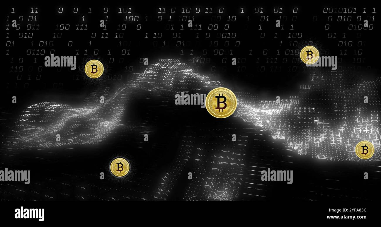 Image of bitcoin currency icons financial data processing over binary coding Stock Photo