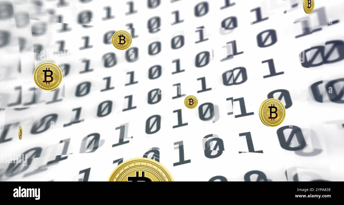 Image of bitcoin currency icons financial data processing over binary coding Stock Photo