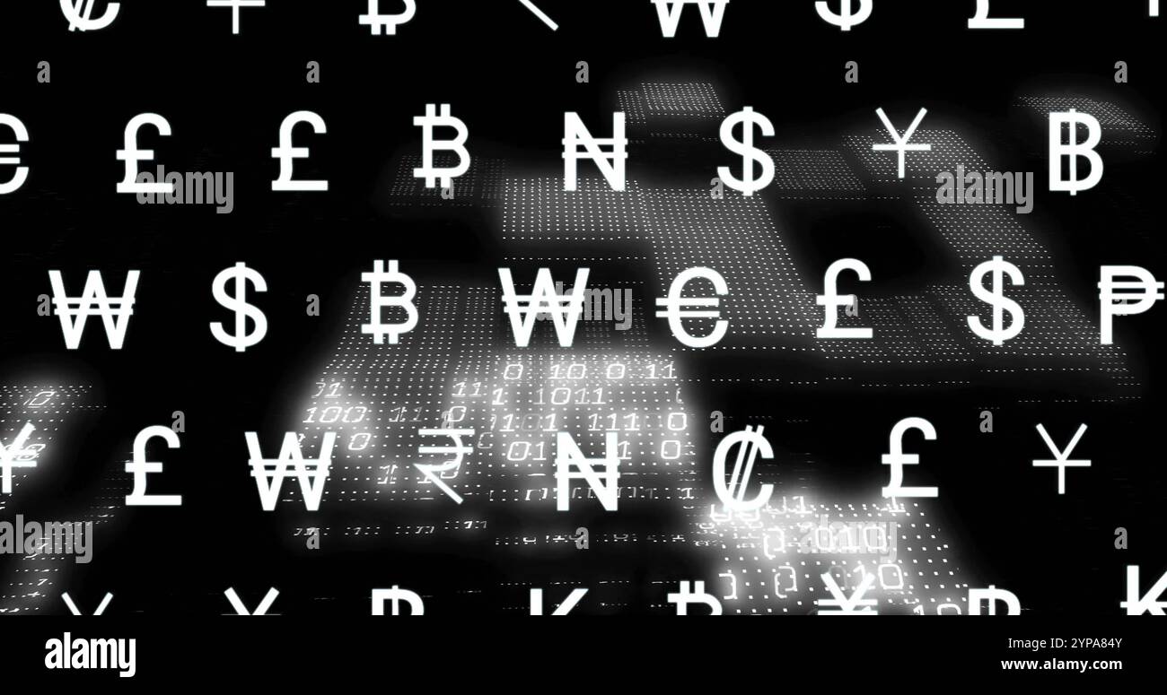 Image of currency icons financial data processing over binary coding Stock Photo