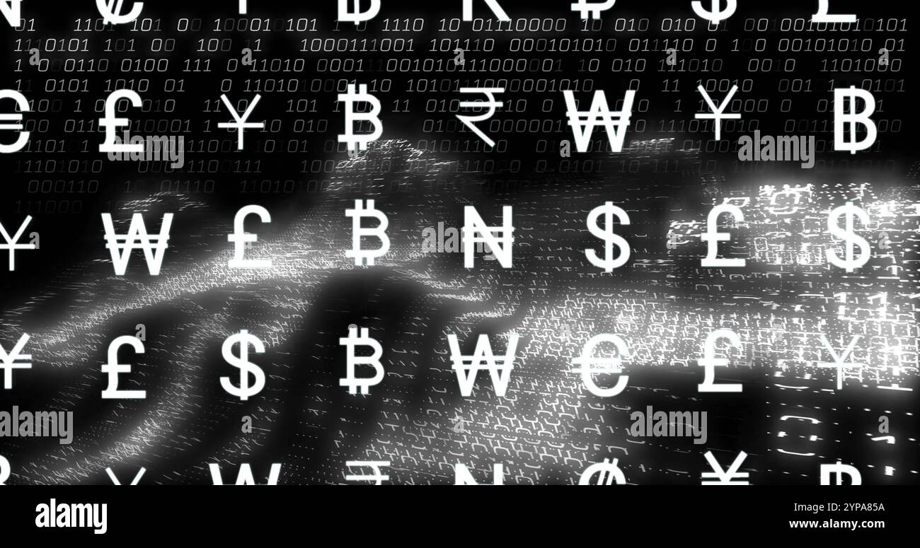 Image of currency icons financial data processing over binary coding Stock Photo