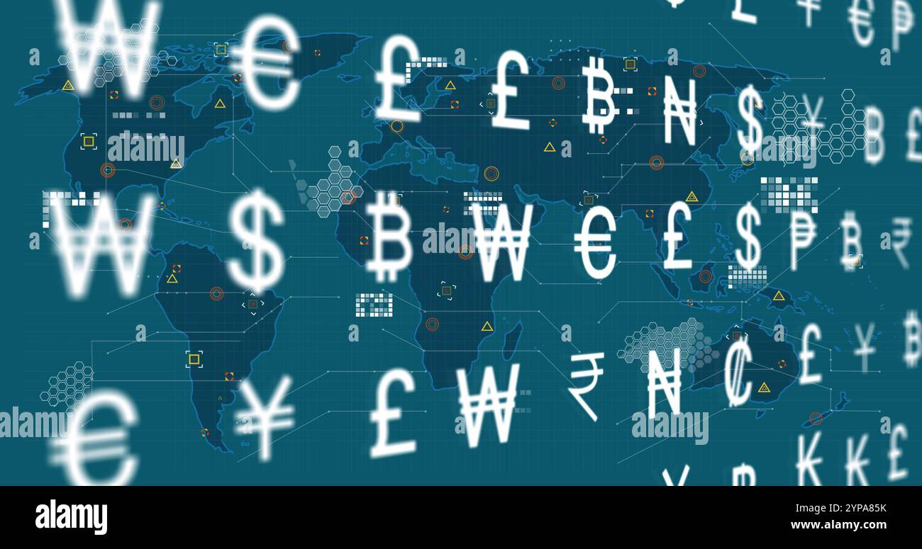 Global currency symbols network - Image Of World Map Over Currency Symbols 2YPA85K