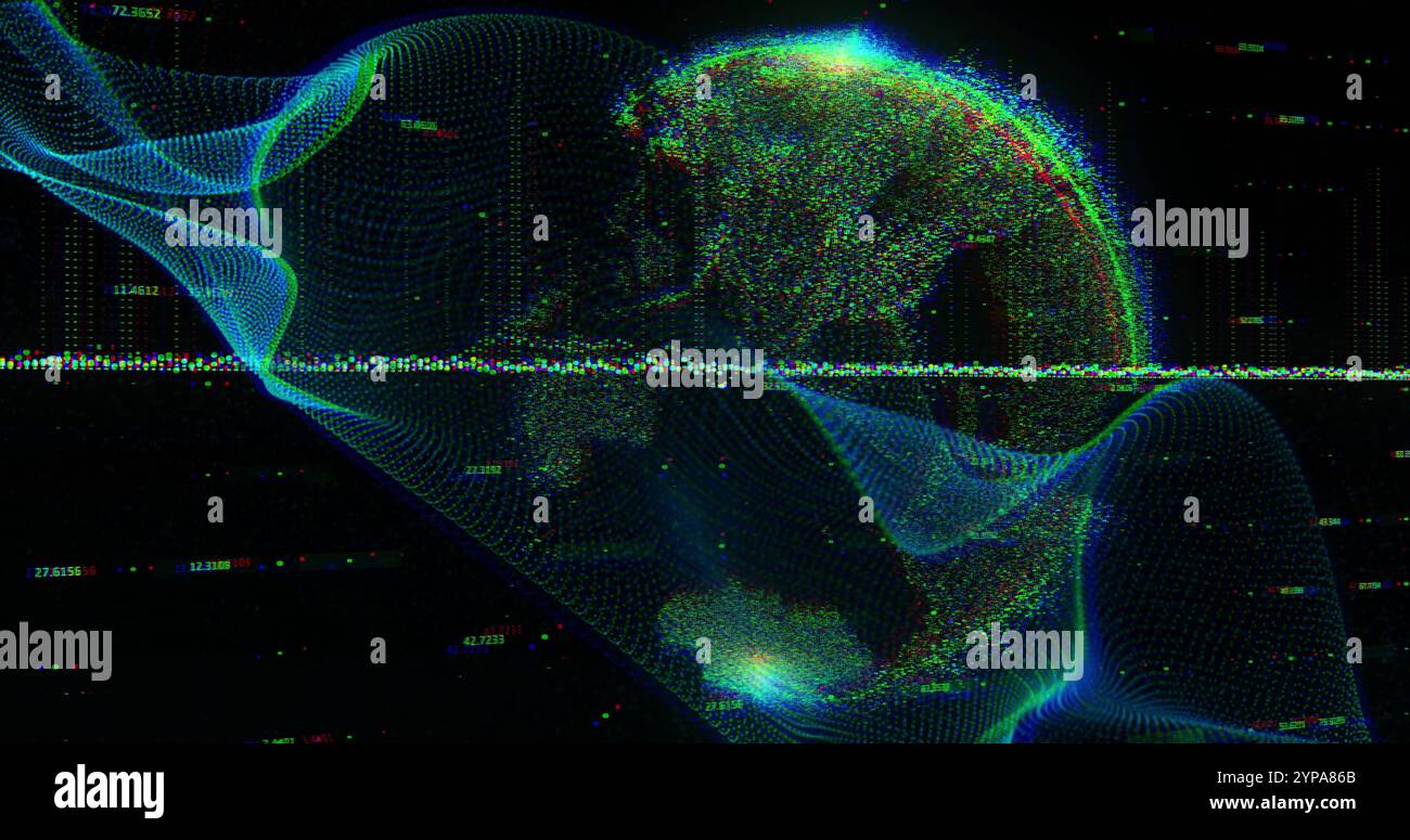 Image of light trails, globe and data processing over black background ...
