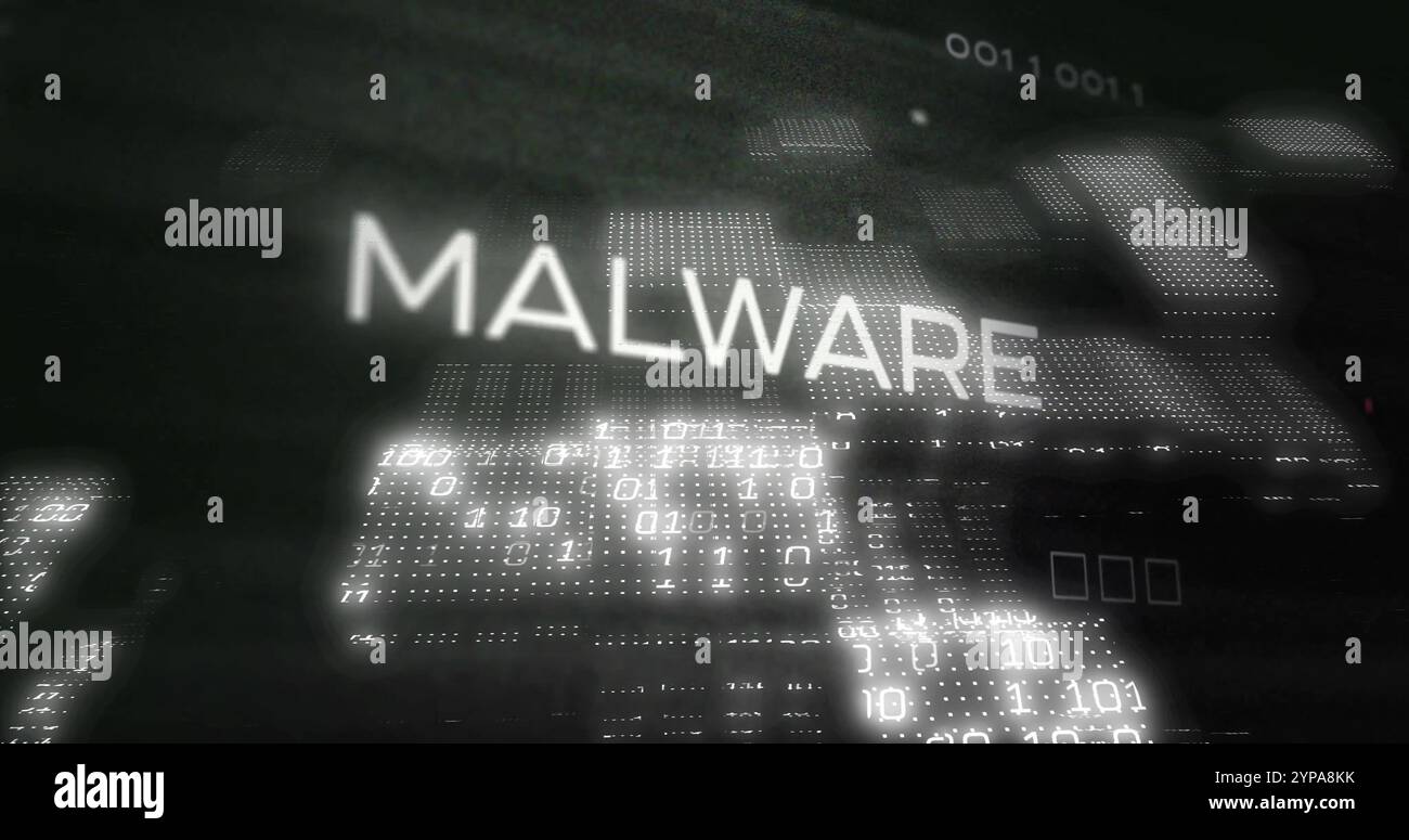 Image of malware text and digital data processing over black background Stock Photo