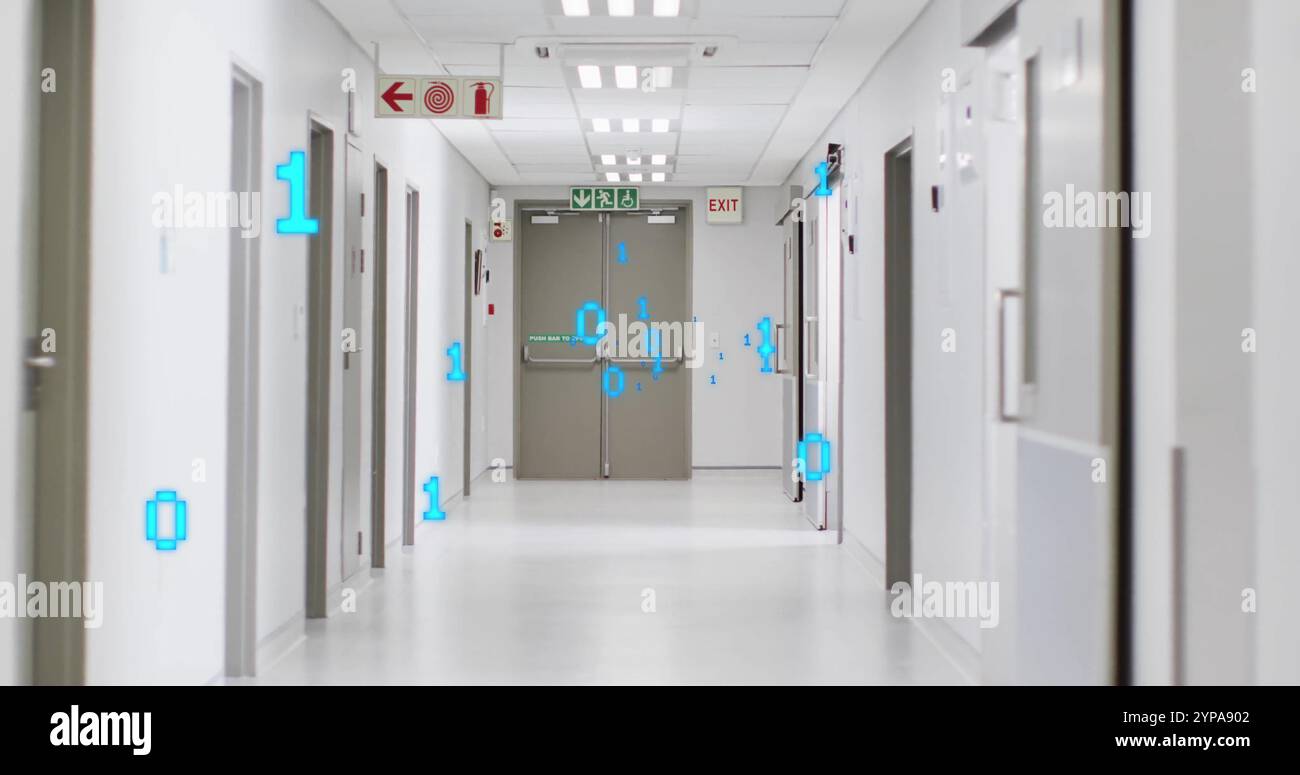 Image of binary coding and digital data processing over computer servers Stock Photo