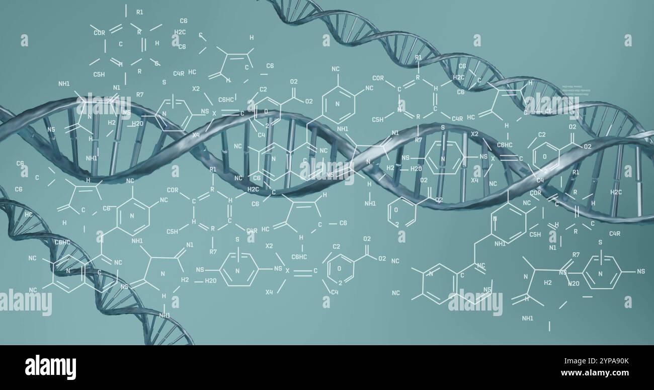 Image of scientific data processing over dna strands spinning Stock Photo