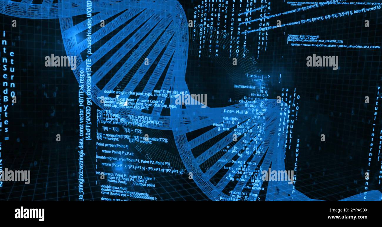 Image of binary coding digital data processing over dna strand Stock Photo