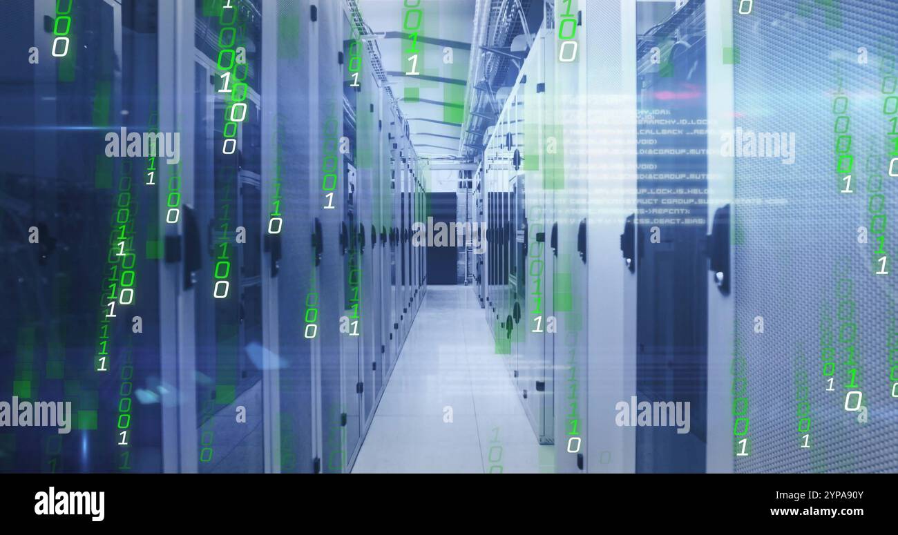 Image of binary coding digital data processing over computer servers Stock Photo