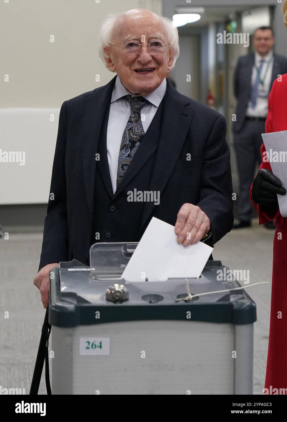 Irish President Michael D Higgins casts his vote for the 2024 General Election at St Mary's Hospital, Phoenix Park, Dublin. Picture date: Friday November 29, 2024. Stock Photo