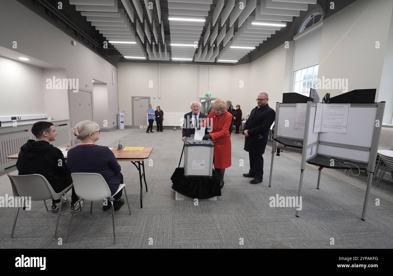 Irish President Michael D Higgins and his wife Sabina cast their votes for the 2024 General Election at St Mary's Hospital, Phoenix Park, Dublin. Picture date: Friday November 29, 2024. Stock Photo