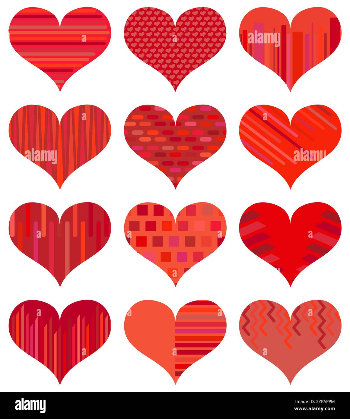Set of different red hearts. Twelve hearts isolated on white background ...