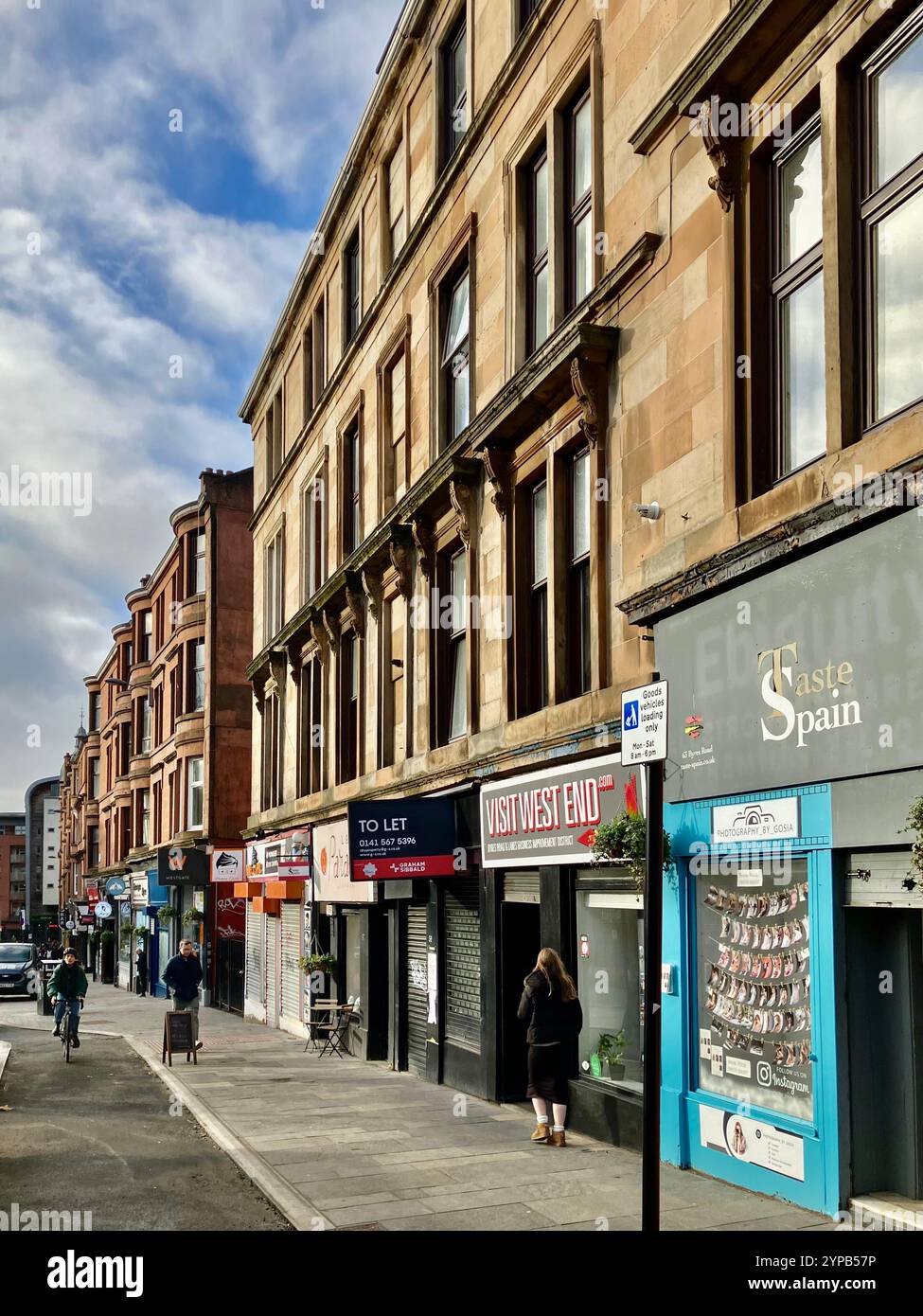 Street scene, Busy Byres Road, Glasgow west end, Central Scotland, UK Stock Photo