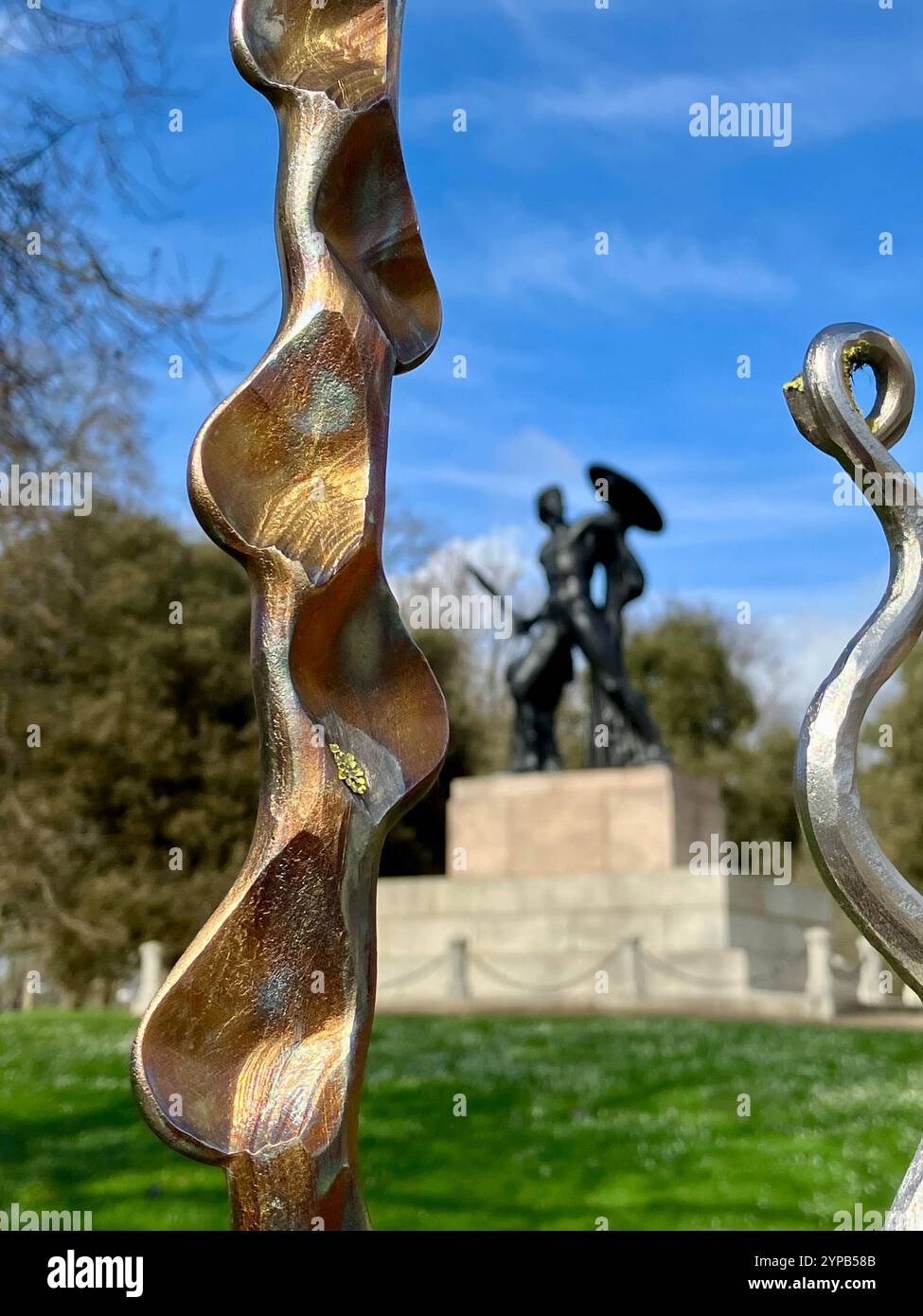 Detail of the Queen Mothers Gate and Achilles in the Background, Hyde Park, London, UK - Smartphone Captured Stock Image