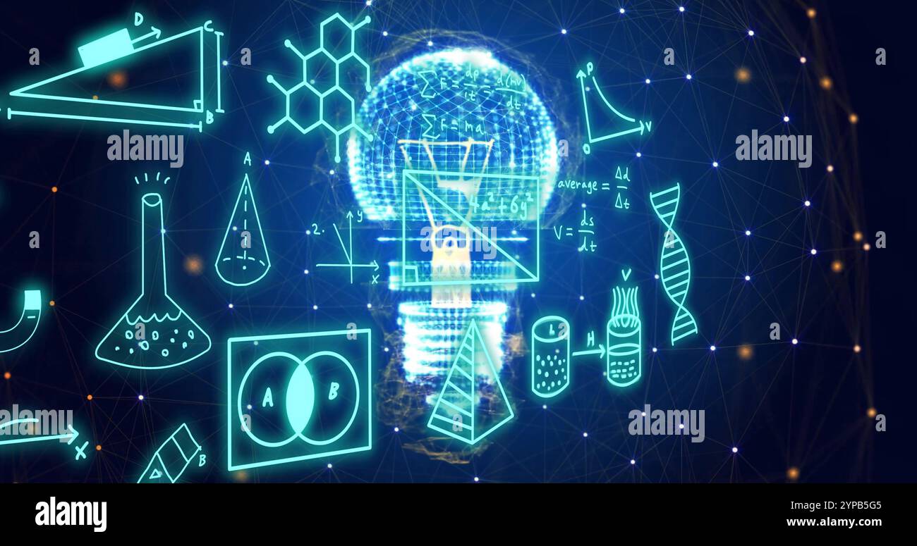 Image of mathematical equations and icons over light bulb and networks ...