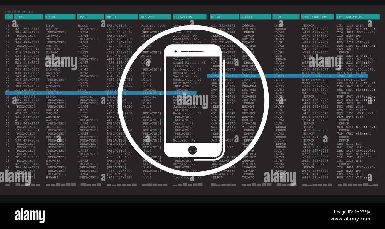 Image of smartphone icon and data processing over black background Stock Photo