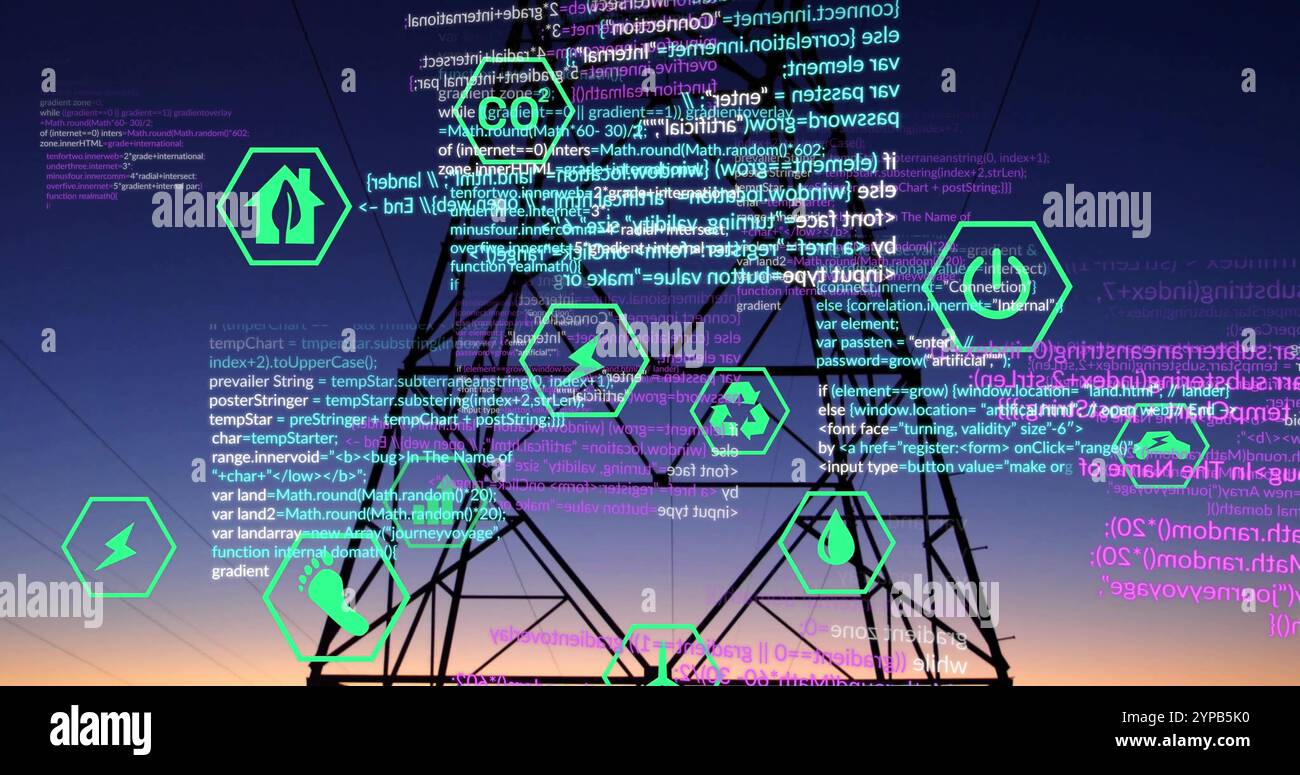 Image of ecology icons and data processing over electric pylon Stock ...