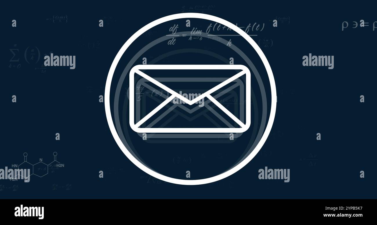 Image of mathematical data processing and email icon on dark background Stock Photo