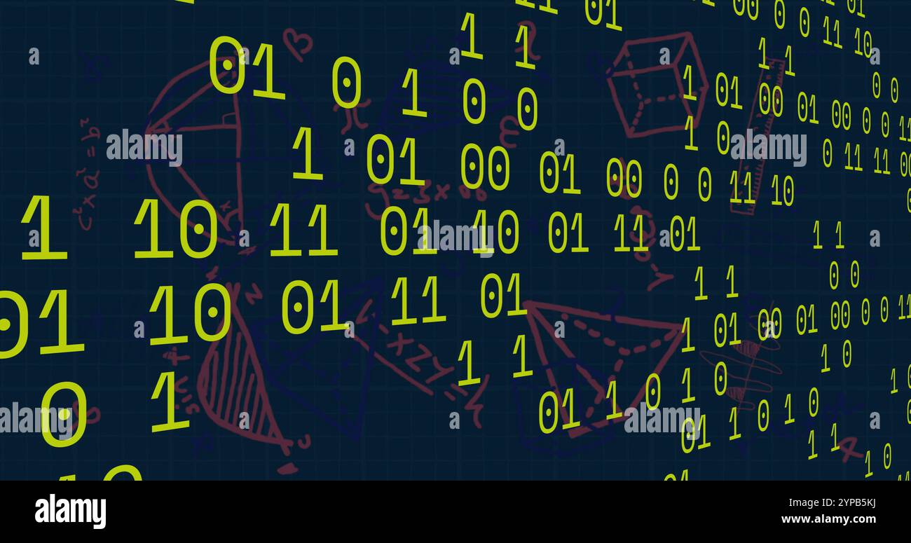 Image of mathematical data processing over binary coding on dark background Stock Photo