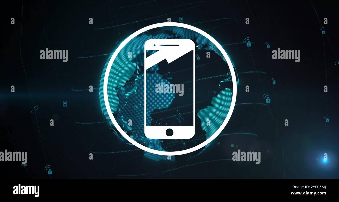 Image of smartphone icon and data processing over globe on black background Stock Photo