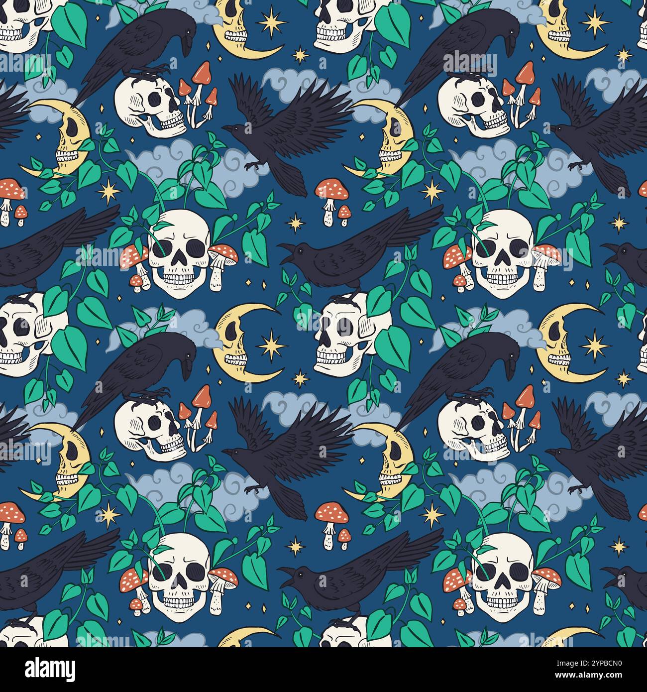 Seamless pattern with hand drawn inky ravens or crows sitting on human skulls Stock Vector