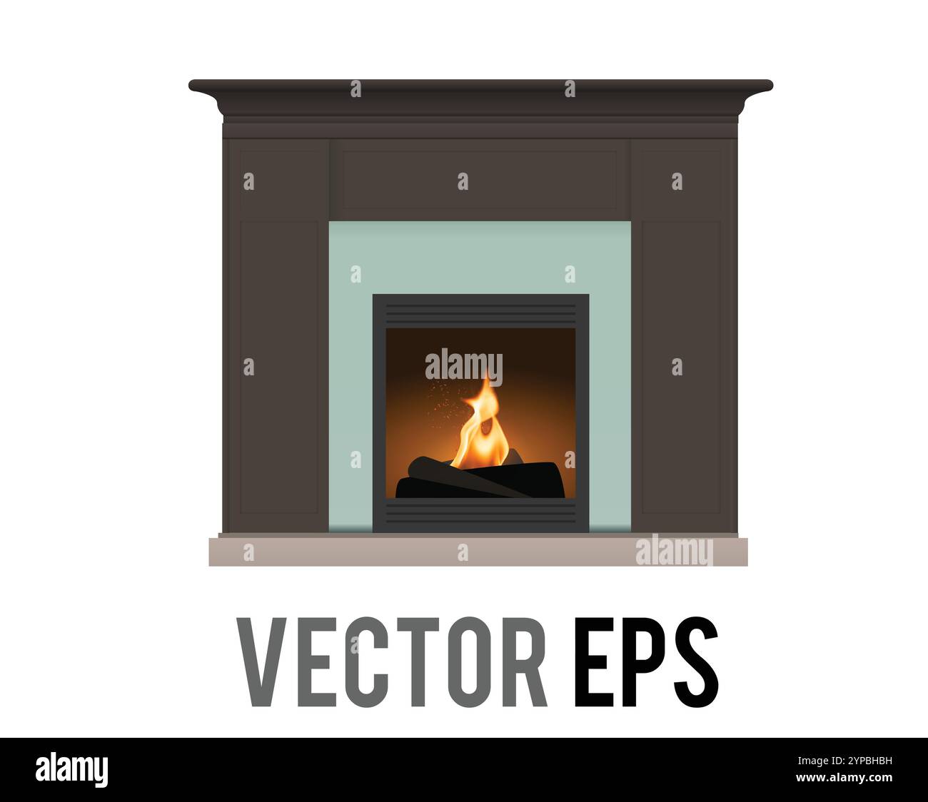 The traditional indoor home beige and brown fireplace with fire and woods Stock Vector
