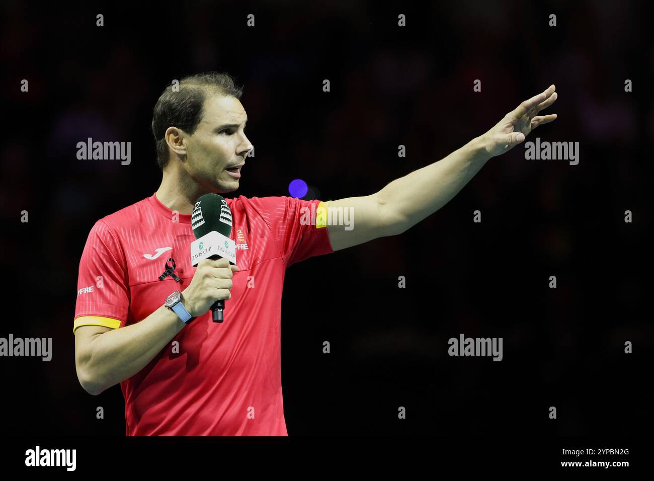Rafael Nadal (ESP) speaks during a tribute ceremony as he retires from