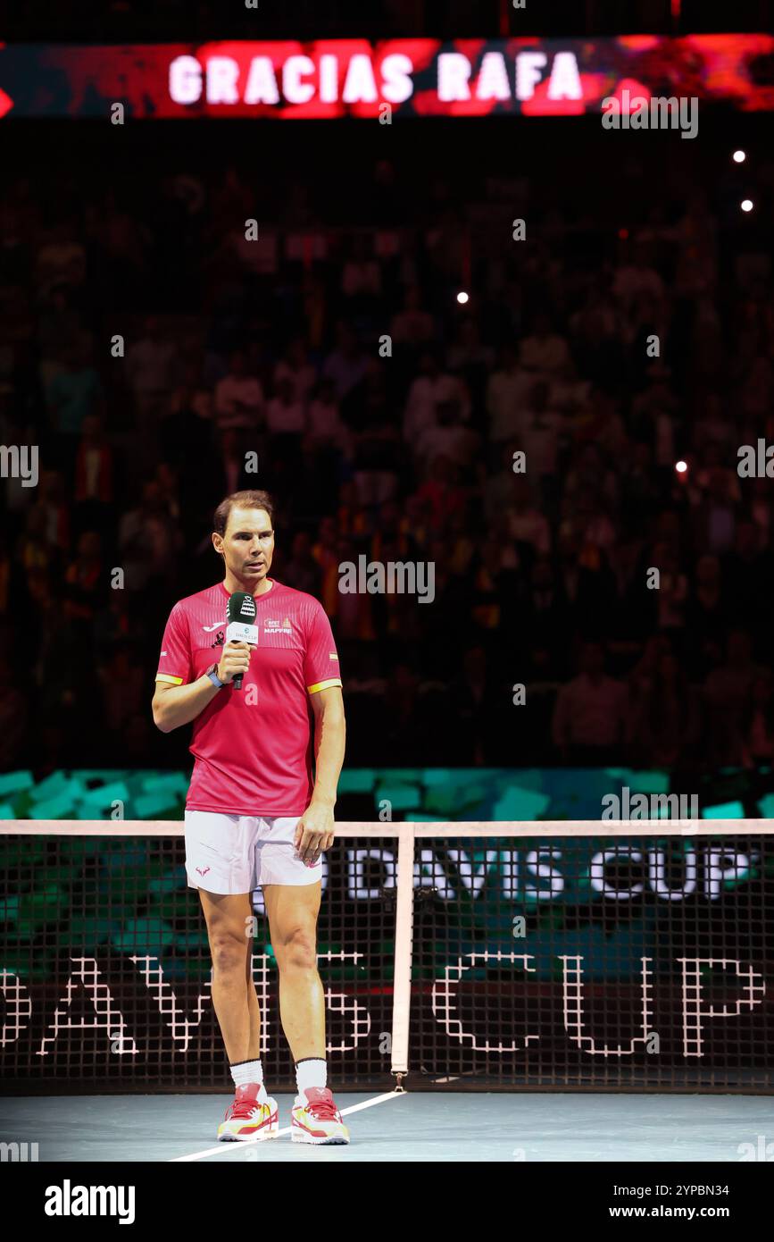 Rafael Nadal (ESP) speaks during a tribute ceremony as he retires from