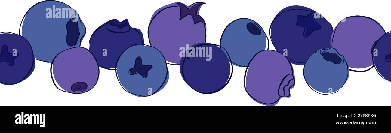 Fresh ripe flying blueberries seamless border/ Graphic outline vector natural border with fruits for healthy food packaging design. Wild forest dark j Stock Vector