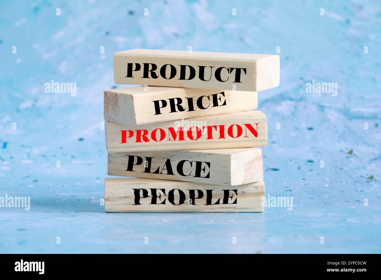 5 p's of running a business successfully. Five Marketing Strategies Background written on the wooden rectangular blocks. Stock Photo