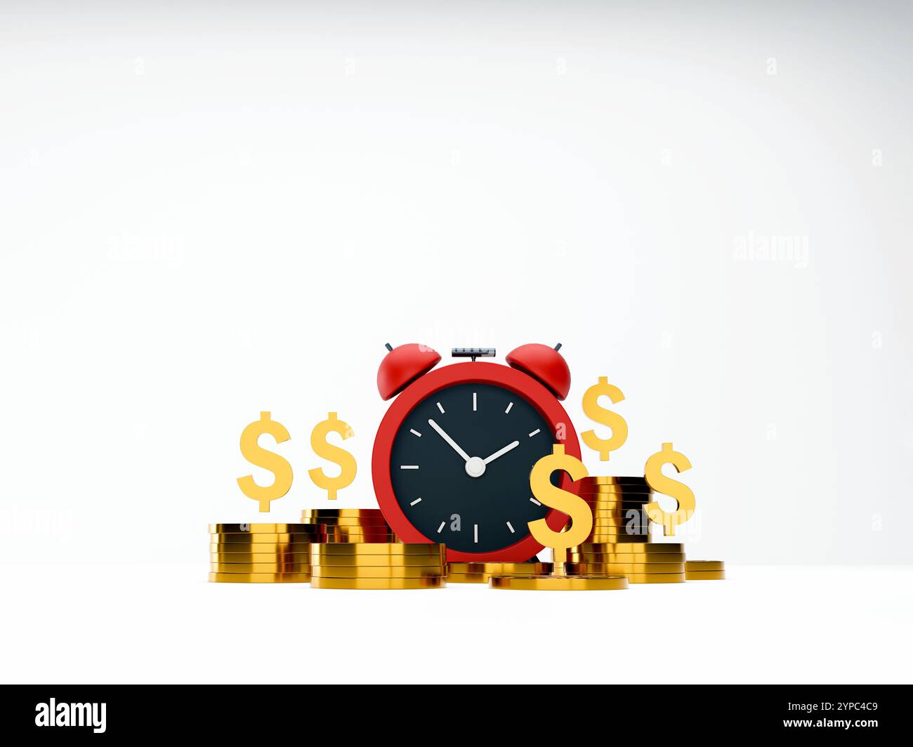 3D illustration of a red alarm clock surrounded by dollar symbols and ...