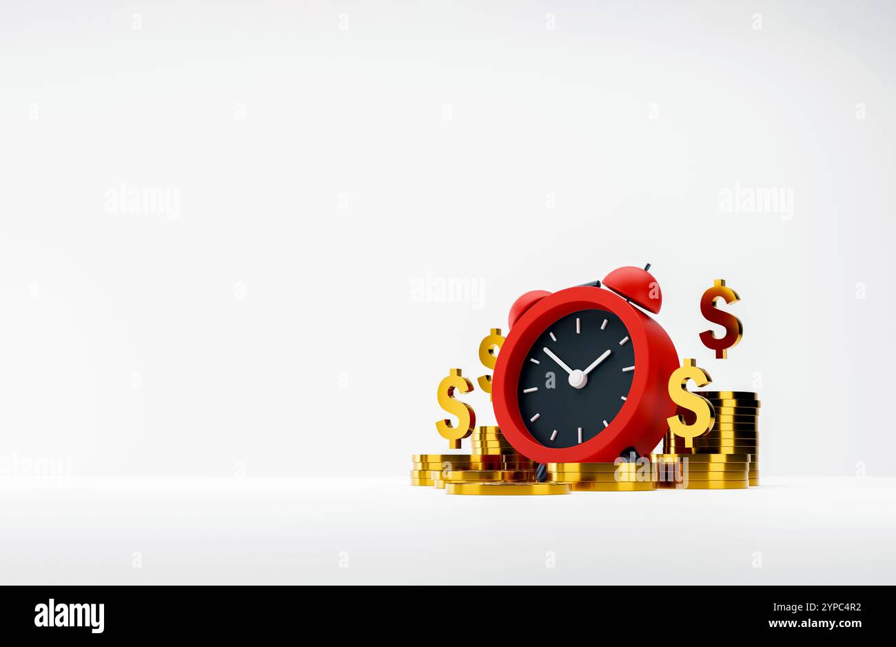 3D illustration of a red alarm clock surrounded by dollar symbols and ...