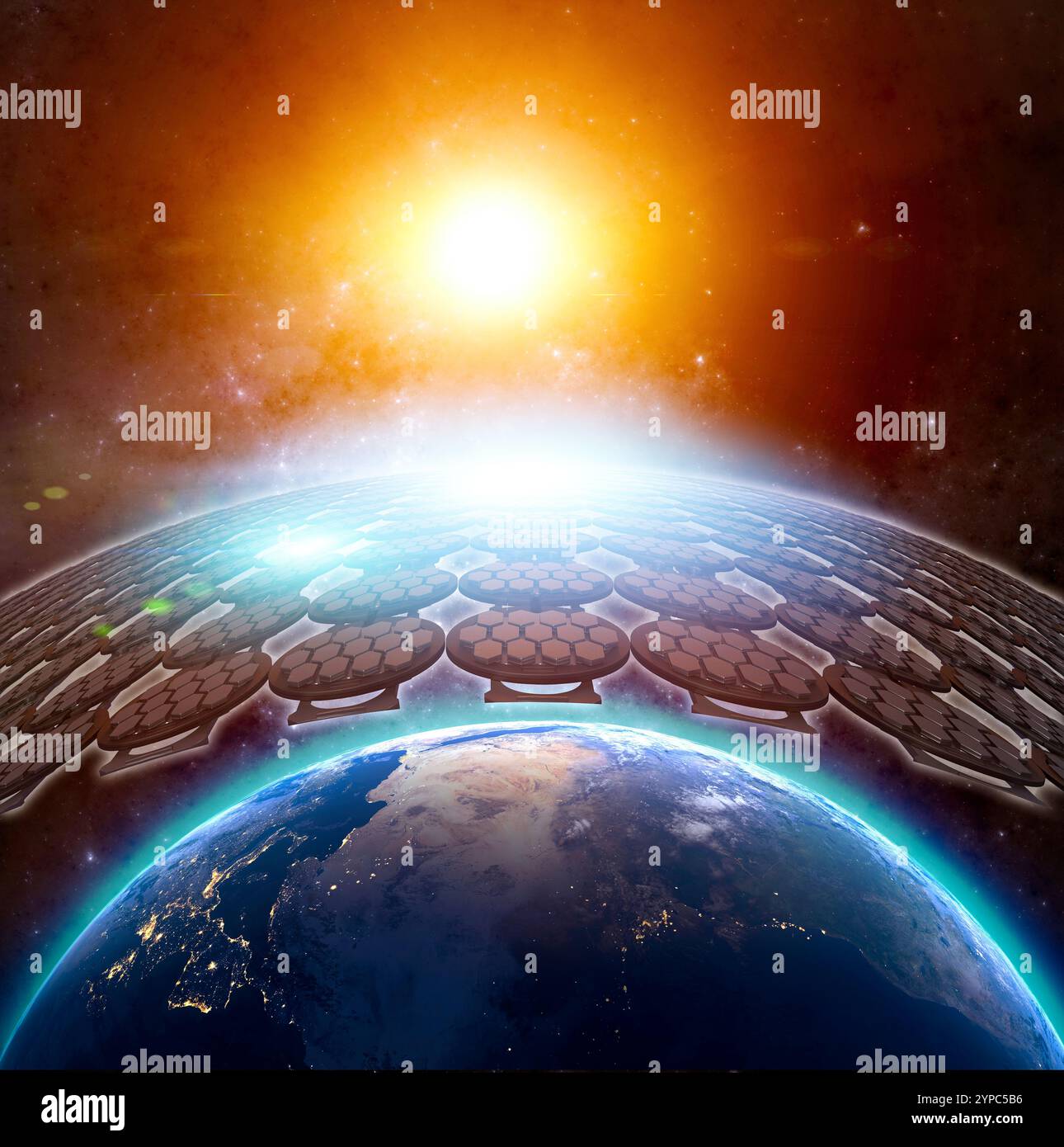 Solar mirrors and solar geoengineering, how to artificially cool the Earth. Reflected sunlight. 3d rendering Stock Photo