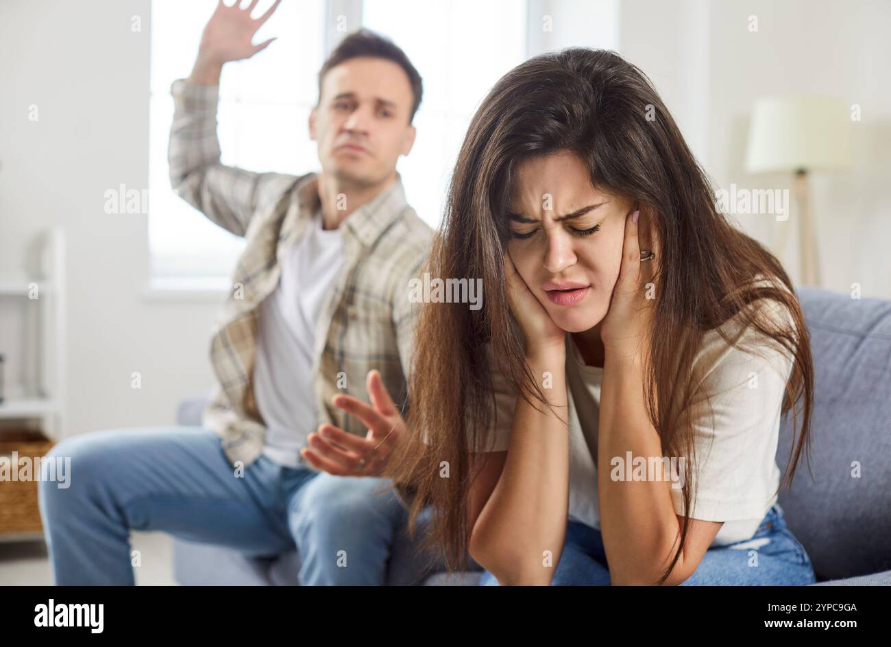 Scared young defenseless woman, sad home victim and aggressive male