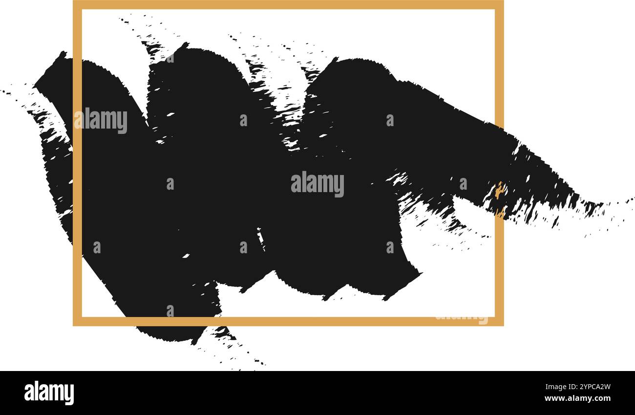 Abstract black brush stroke painting in a gold frame on a white ...