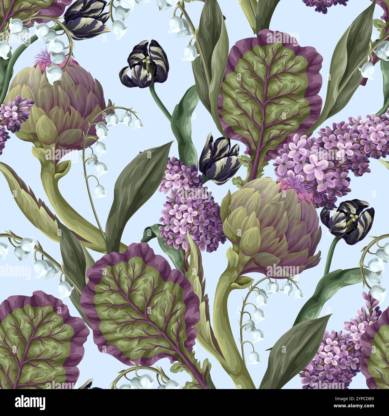 Seamless pattern with artichokes and flowers. Vector. Stock Vector