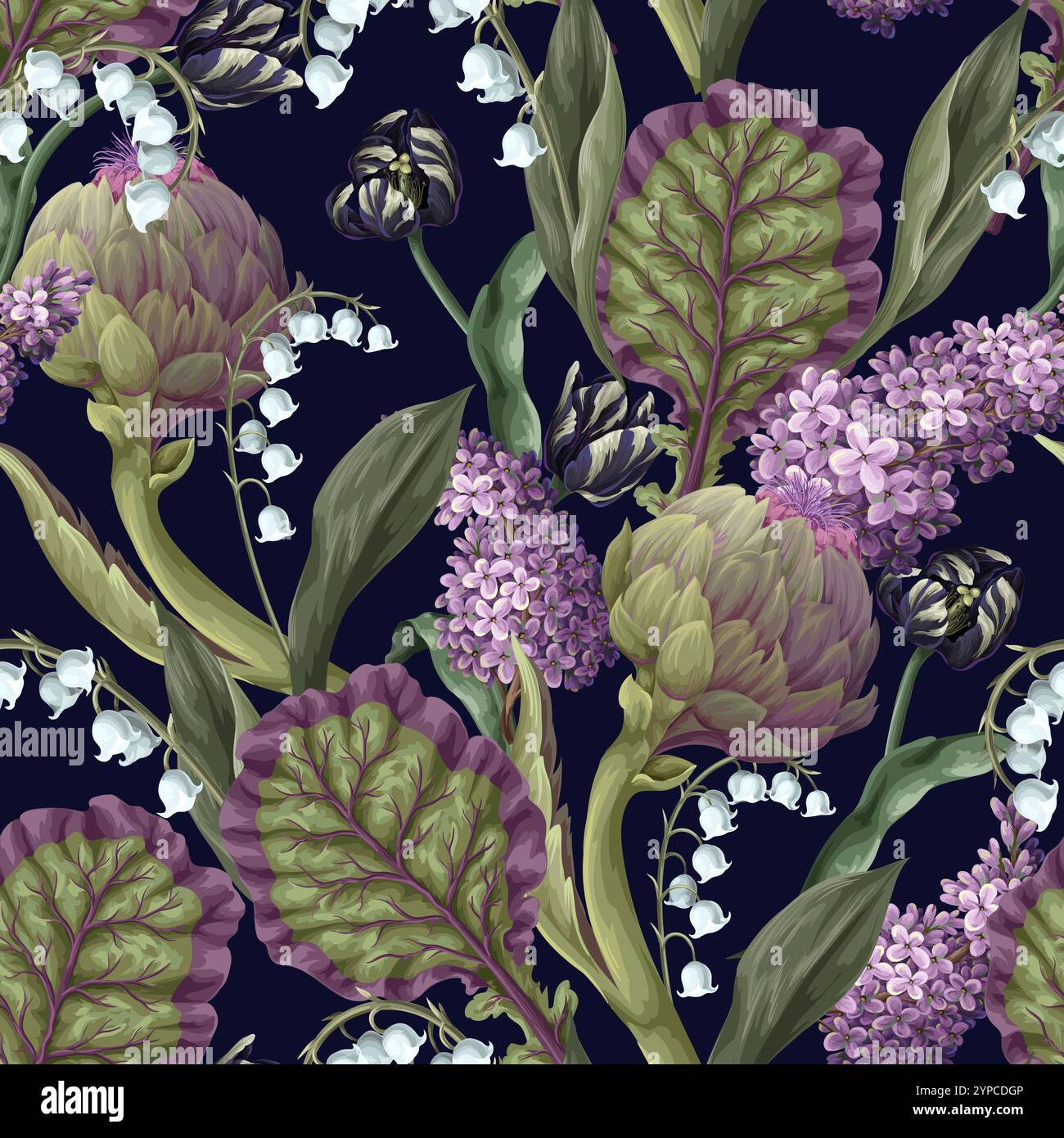 Seamless pattern with artichokes and flowers. Vector. Stock Vector