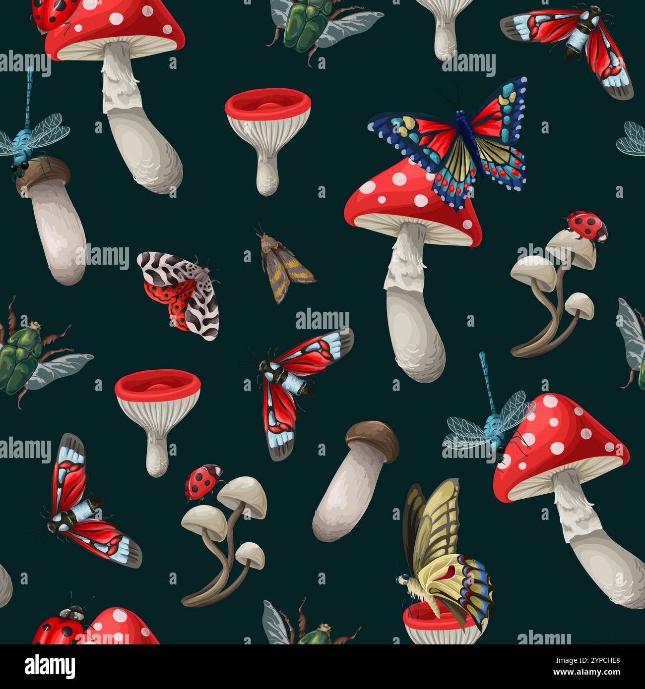 Seamless pattern with different insects and mushrooms. Vector Stock Vector