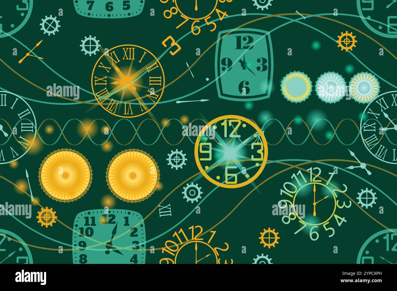 Various wall clocks and gears - seamless pattern Stock Vector