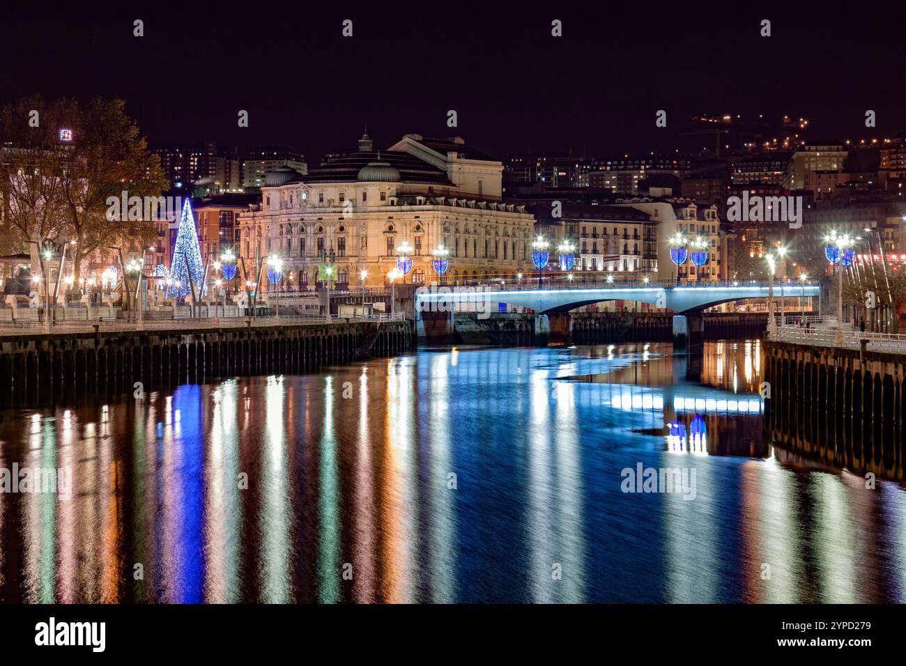 The illuminated  Arriaga theatre in the evening, Plaza de Arriaga, Bilbao, Province of Biskaia, Basque Country, Spain Stock Photo