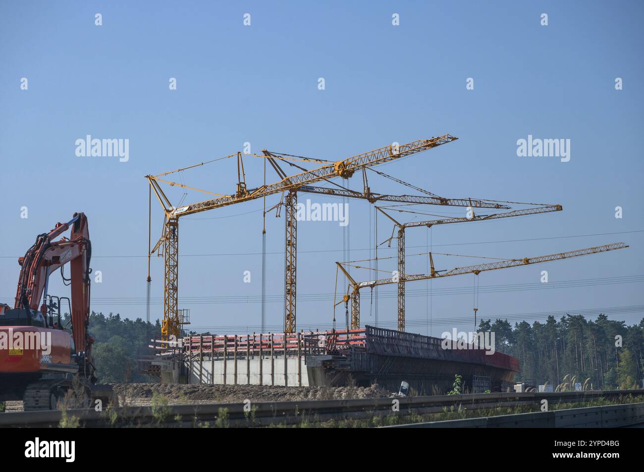 Construction cranes building a bridge on the A6 motorway, Nuremberg-Heilbronn, Bavaria, Germany, Europe Stock Photo
