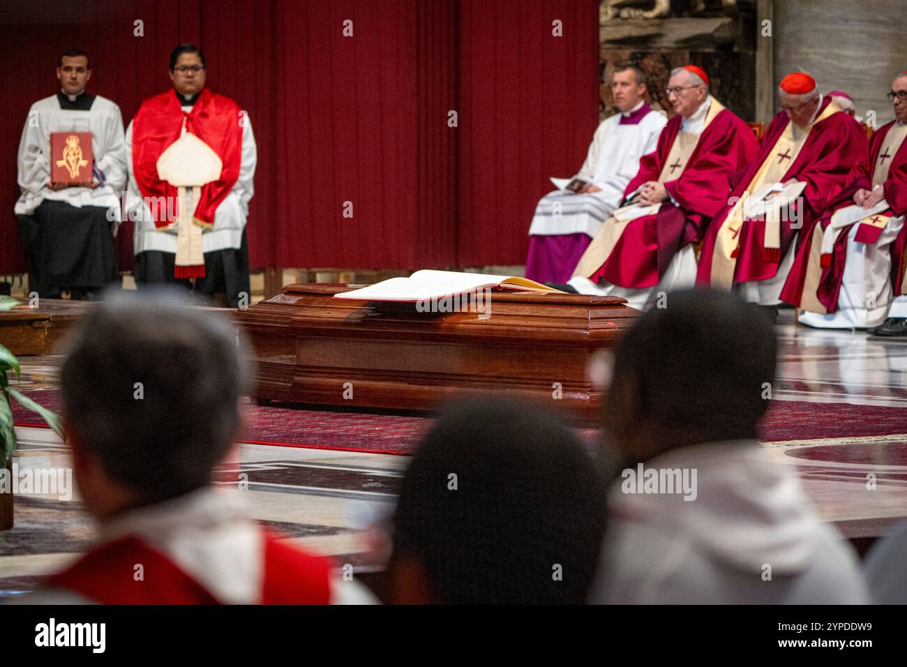 The coffin of late Cardinal Miguel Ángel Ayuso Guixot, seen in St ...