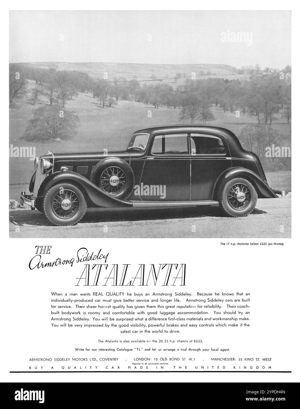 1937 British advertisement for the Armstrong Siddeley Atalanta saloon car. Stock Photo