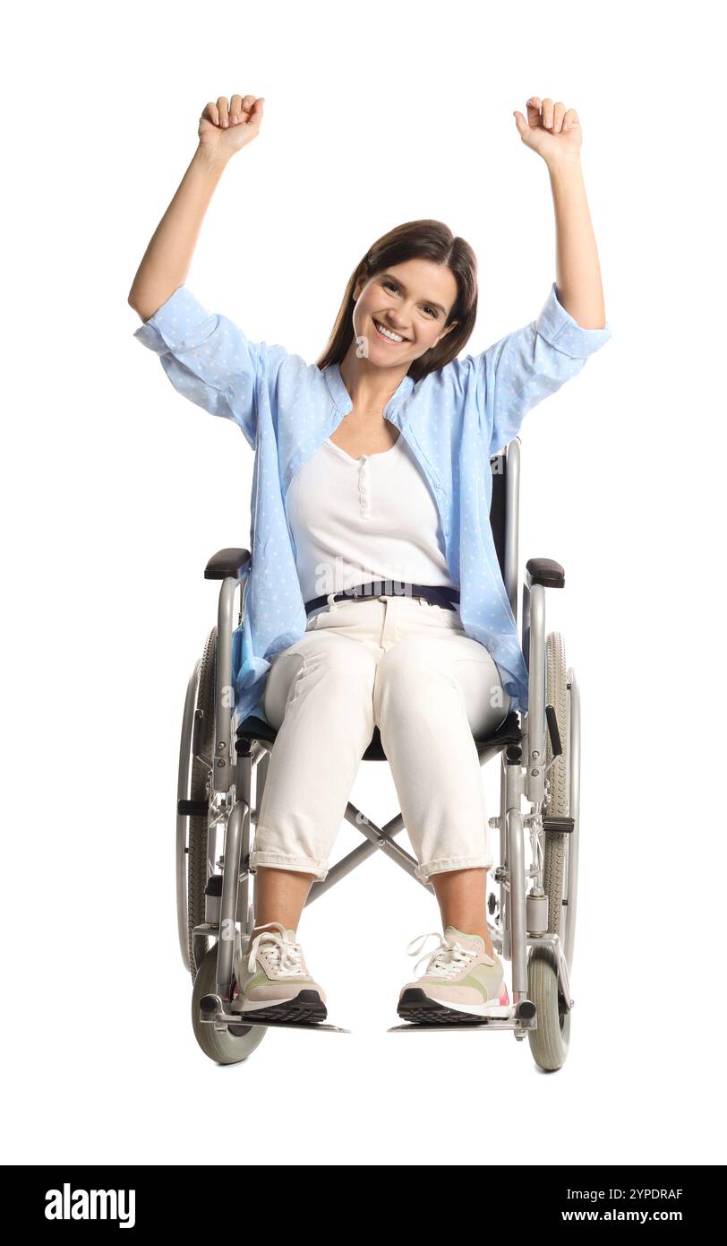 Smiling woman in wheelchair on white background Stock Photo - Alamy